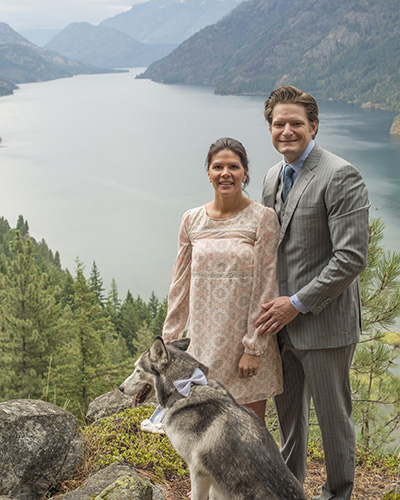 Dr.Joshua Osbun his wife, best dog on wedding day in Stehekin, WA