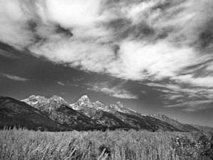 Black and white photograph of mountains taken by Dr. Warner